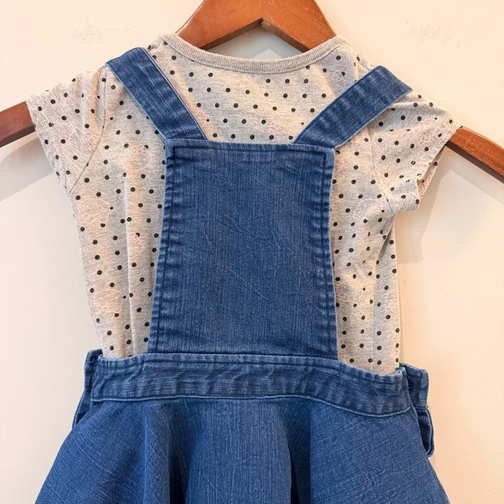 Hello Kitty Sanrio Denim 2 Piece Dress Set Embroidered Blue Grey Polka Dot 5 EUC